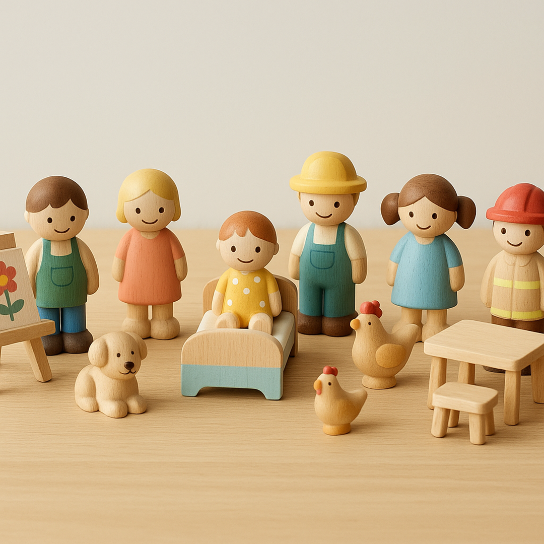 Wooden Character Figurine Set – Complete with Accessories for Themed Play