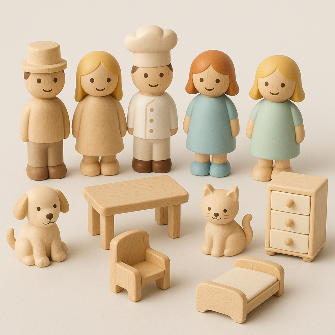 Wooden Character Figurine Set – Complete with Accessories for Themed Play