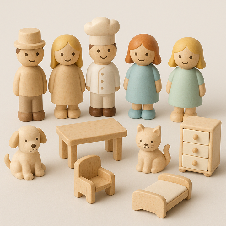 Wooden Character Figurine Set – Complete with Accessories for Themed Play