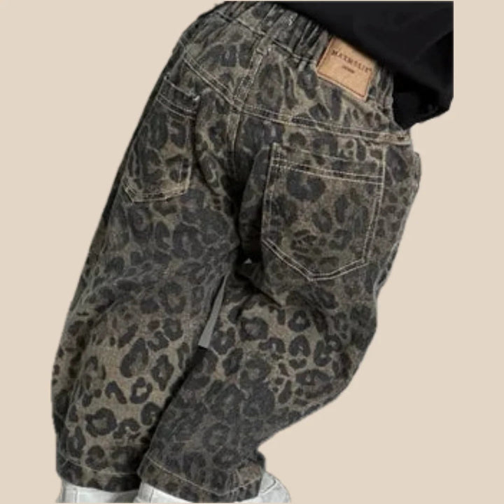 Girls' Black Denim Jeans with Leopard Print