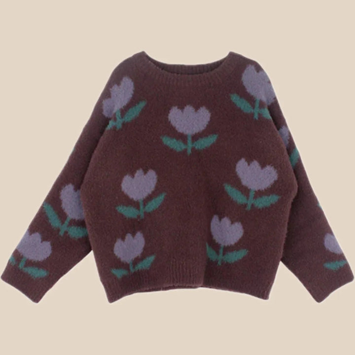 Girls' Brown Cotton Sweater with Print