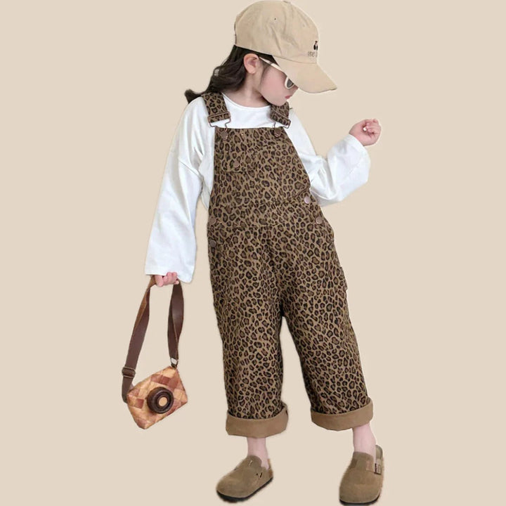 Girls' Brown Leopard Print Overalls