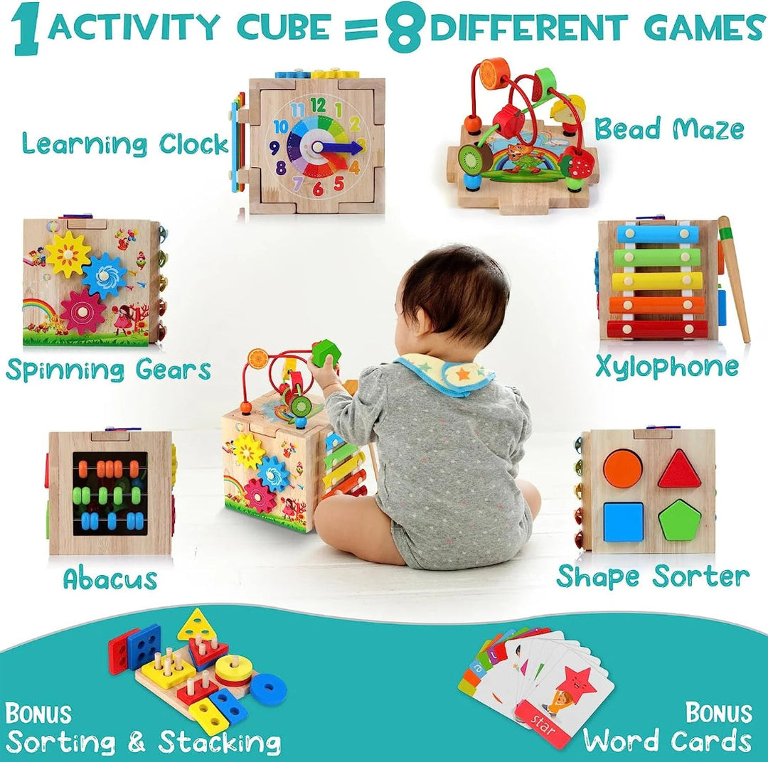 8-in-1 Montessori Activity Cube for Toddlers - Enhance Motor Skills Development