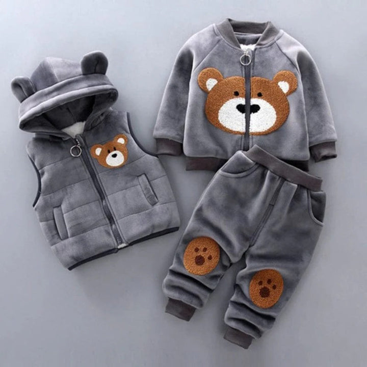 Baby Outfit Set: Bear-Themed Jacket Vest and Pants