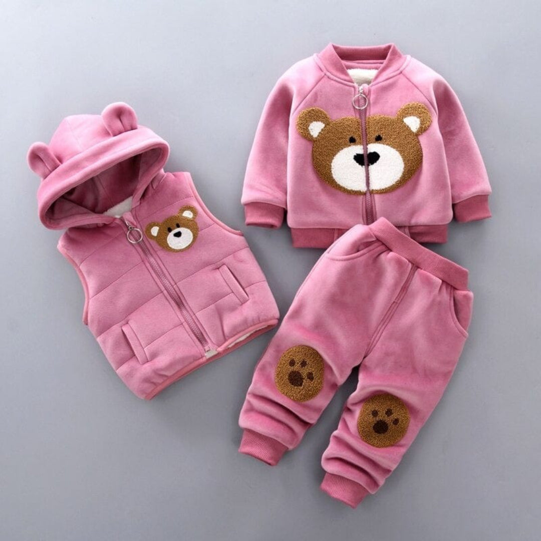Baby Outfit Set: Bear-Themed Jacket Vest and Pants
