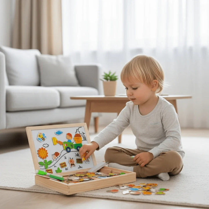 2-in-1 Montessori Drawing Table – Magnetic & Chalkboard Combo