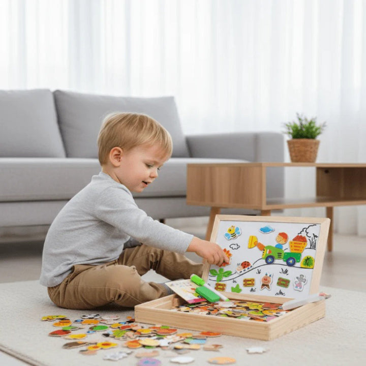 2-in-1 Montessori Drawing Table – Magnetic & Chalkboard Combo