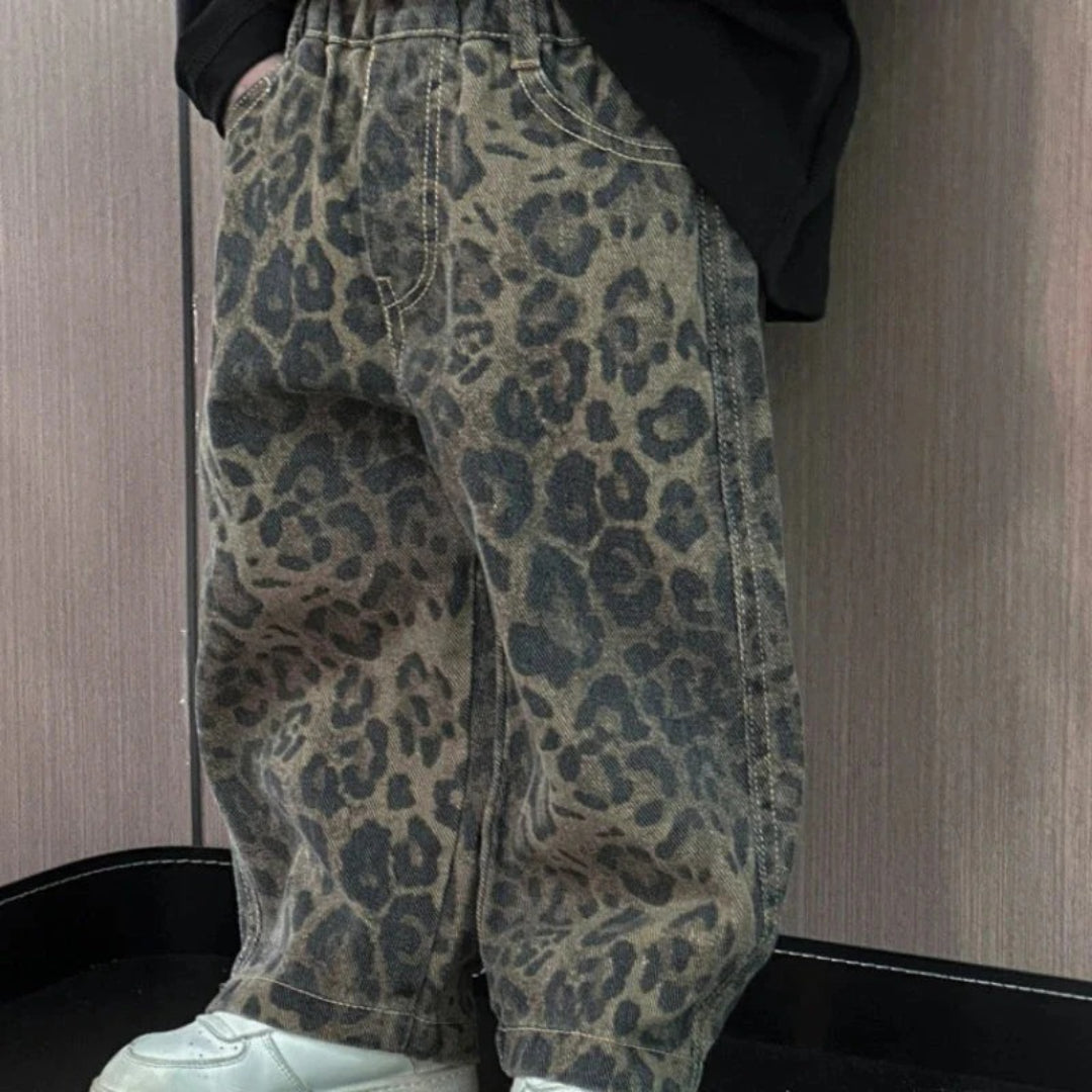 Girls' Black Denim Jeans with Leopard Print