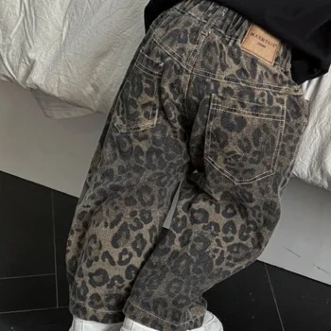 Girls' Black Denim Jeans with Leopard Print
