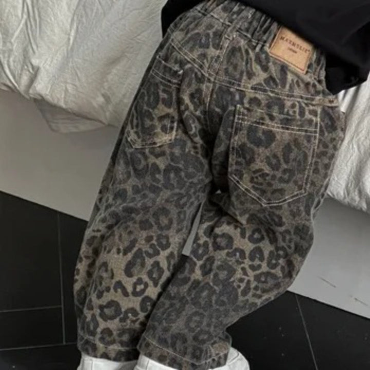 Girls' Black Denim Jeans with Leopard Print