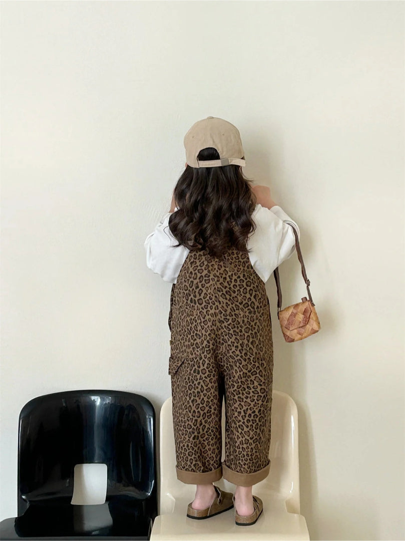Girls' Brown Leopard Print Overalls