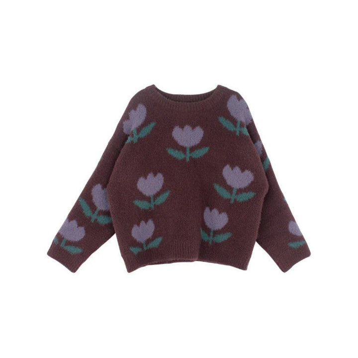 Girls' Brown Cotton Sweater with Print