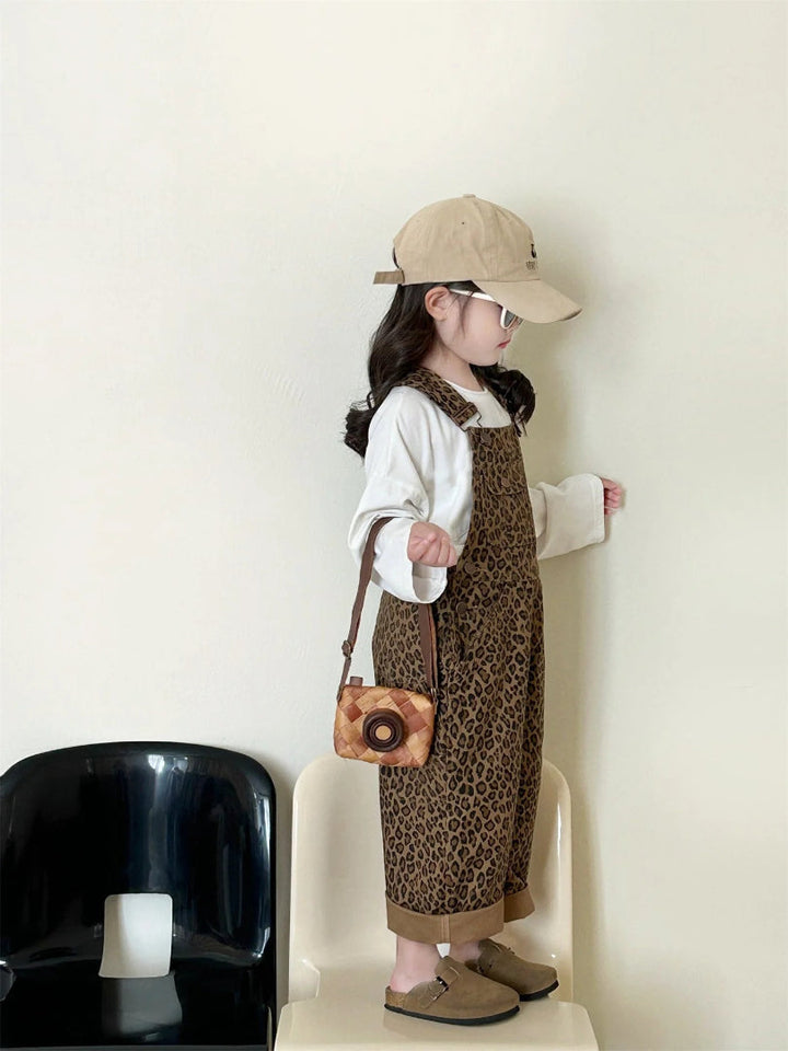 Girls' Brown Leopard Print Overalls