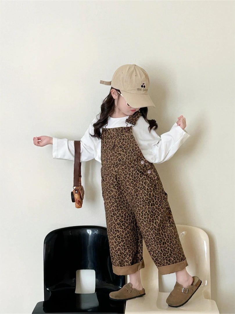 Girls' Brown Leopard Print Overalls