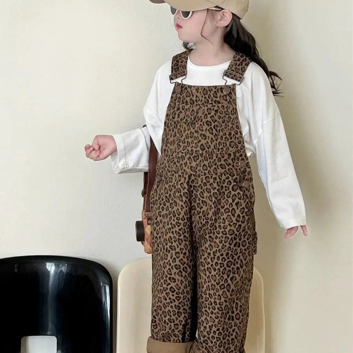 Girls' Brown Leopard Print Overalls