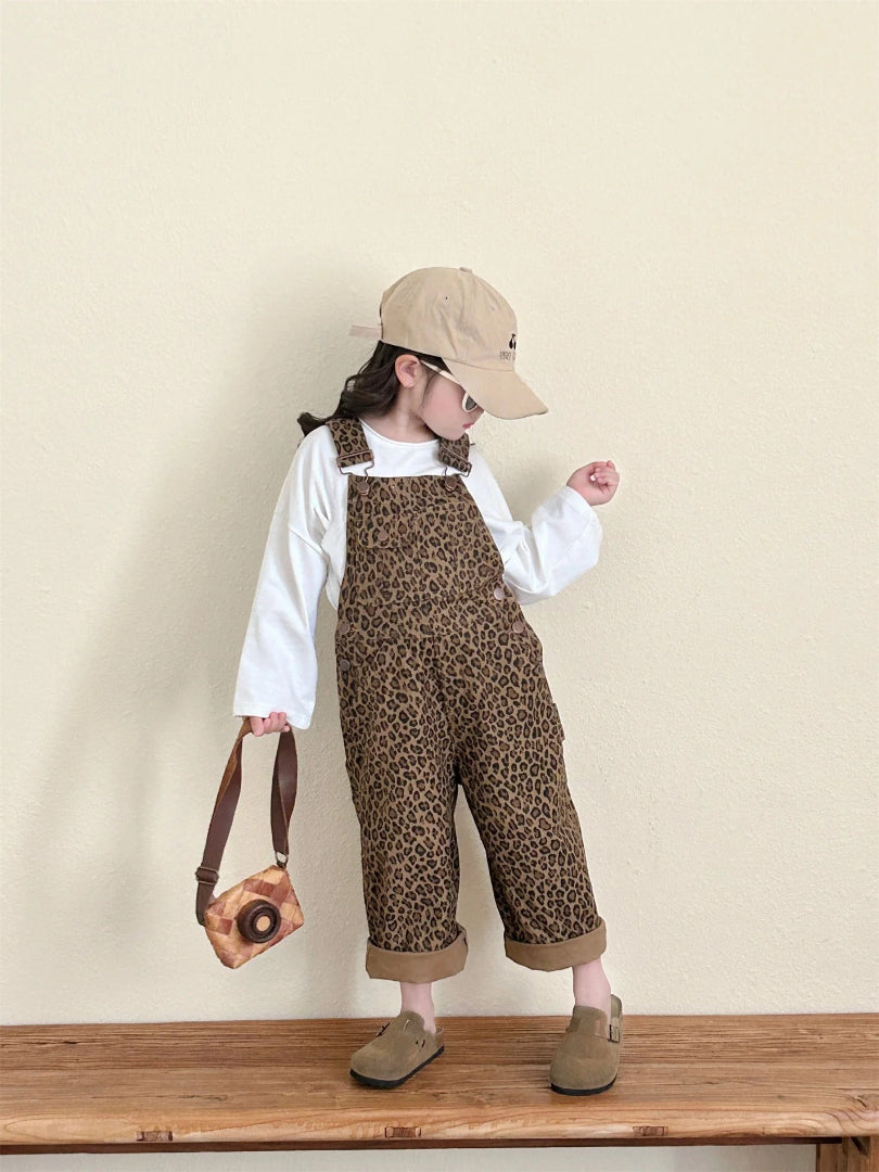 Girls' Brown Leopard Print Overalls