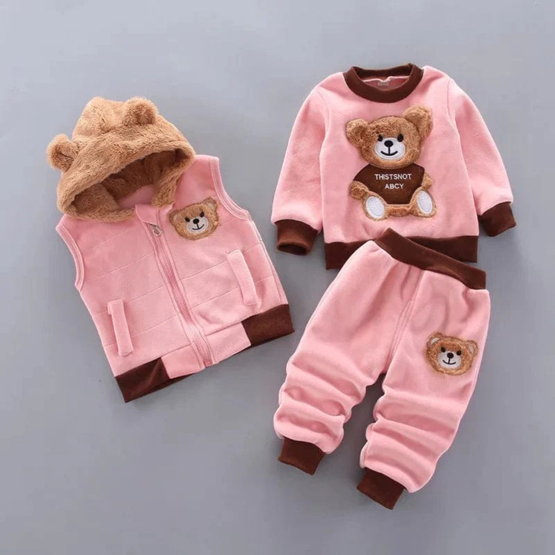 Baby Outfit Set: Bear-Themed Jacket Vest and Pants