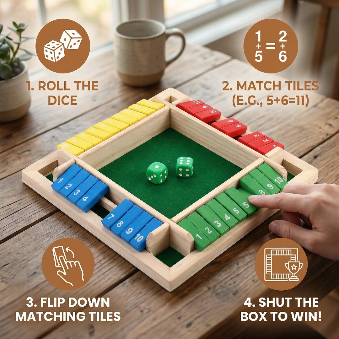 Wooden Shut the Box Game - Family Fun for Up to 4 Players