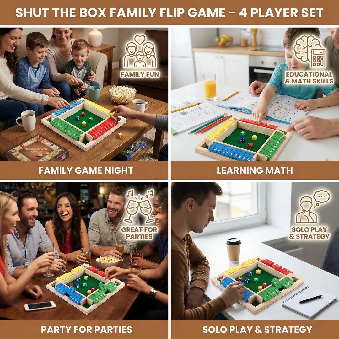 Wooden Shut the Box Game - Family Fun for Up to 4 Players